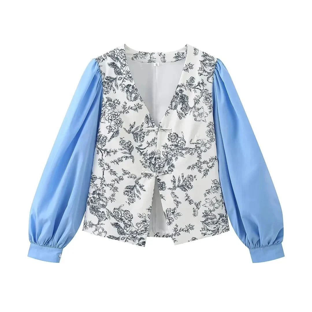 V-Neck Printed Long Sleeve Shirt