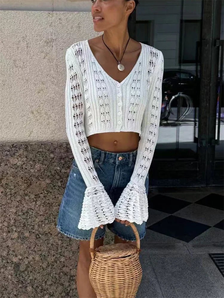 V-Neck Sheer Knit Crop Top