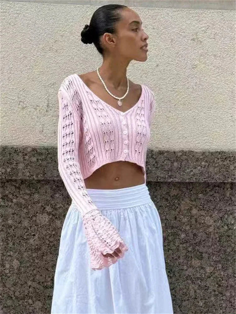 V-Neck Sheer Knit Crop Top
