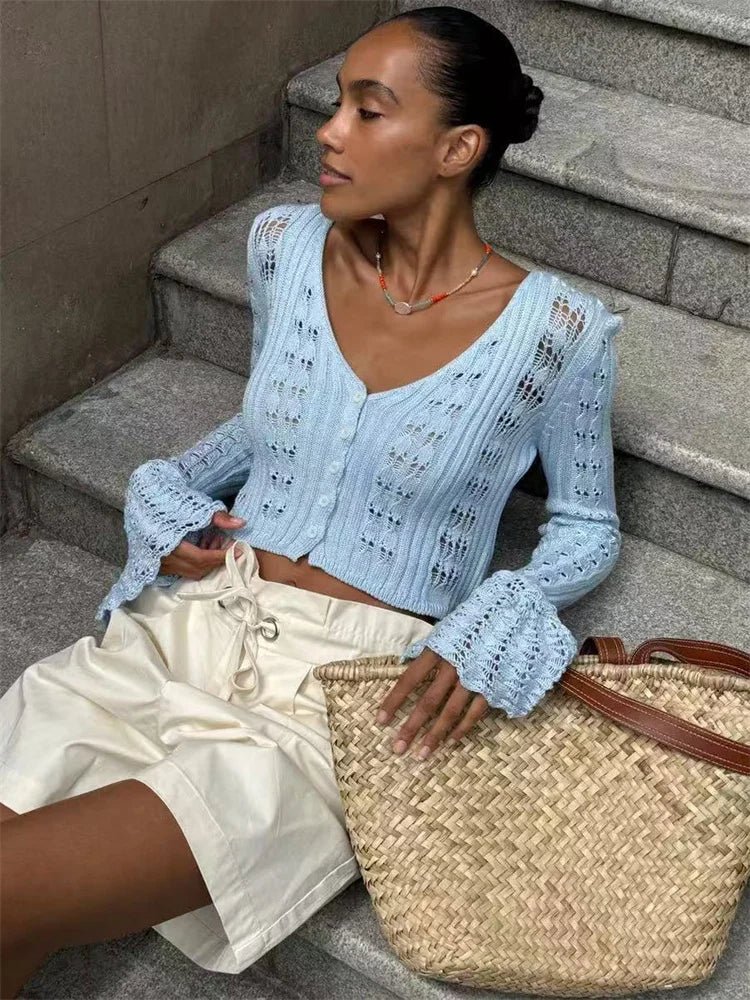 V-Neck Sheer Knit Crop Top
