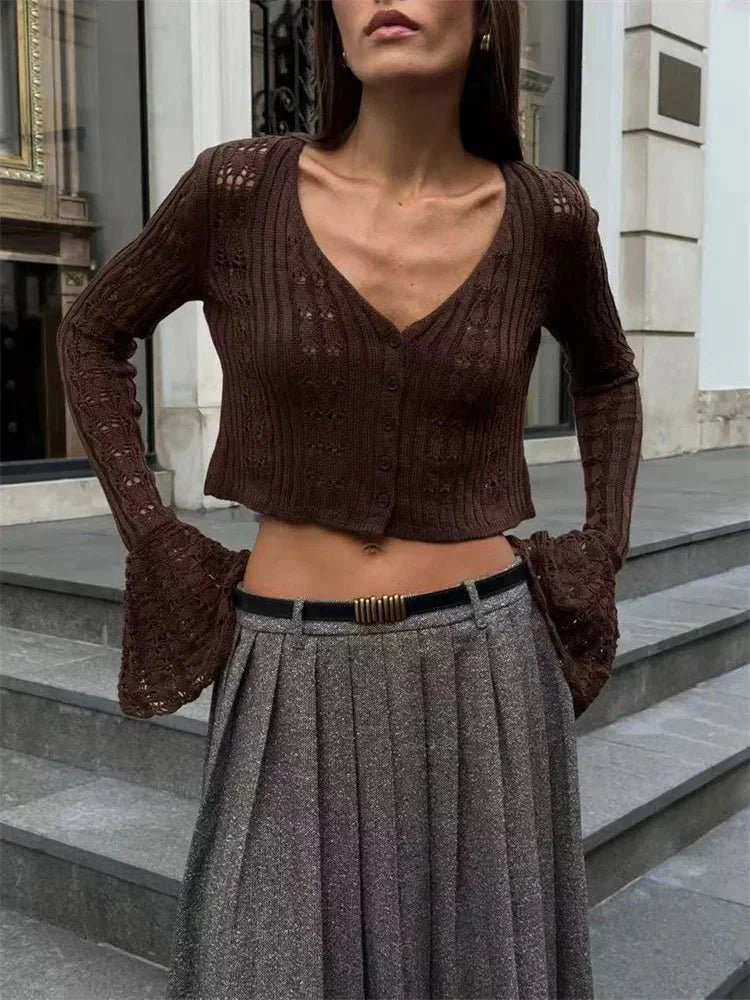 V-Neck Sheer Knit Crop Top