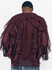 V-Neck Sheer Layered Elegant Ruffle Blouse