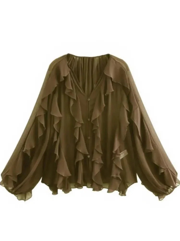 V-Neck Sheer Layered Elegant Ruffle Blouse