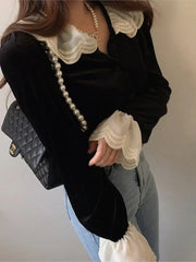 Velvet Lace Patchwork Ruffle Blouses