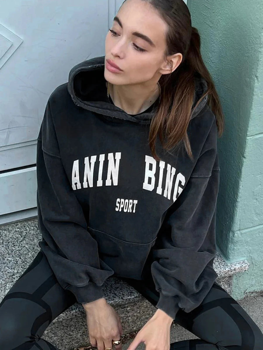 Velvet Letter Hooded Autumn Winter Pullovers Sweatshirts