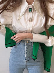 Vintage Button Pointed Collar Puff Sleeve Pearl Blouses