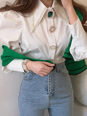 Vintage Button Pointed Collar Puff Sleeve Pearl Blouses