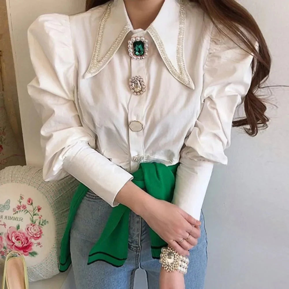 Vintage Button Pointed Collar Puff Sleeve Pearl Blouses