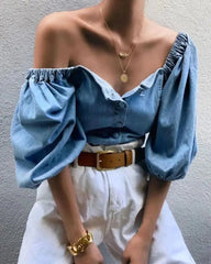 Vintage Denim Off-Shoulder Button Shirt