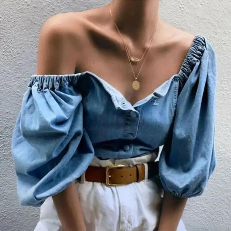 Vintage Denim Off-Shoulder Button Shirt