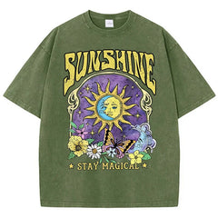 Vintage Sun Moon Flower Butterfly Washed T-Shirts