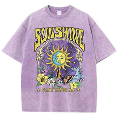 Vintage Sun Moon Flower Butterfly Washed T-Shirts