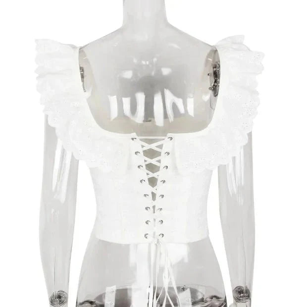 White Lace Ruffle Crop Top