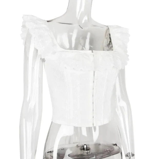 White Lace Ruffle Crop Top