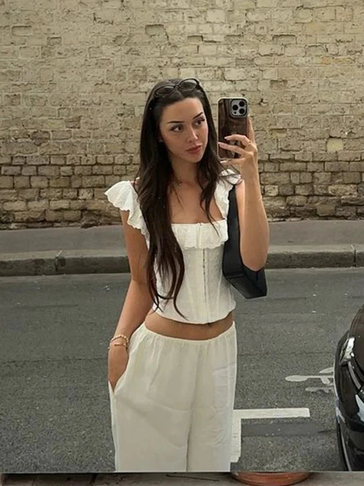 White Lace Ruffle Crop Top