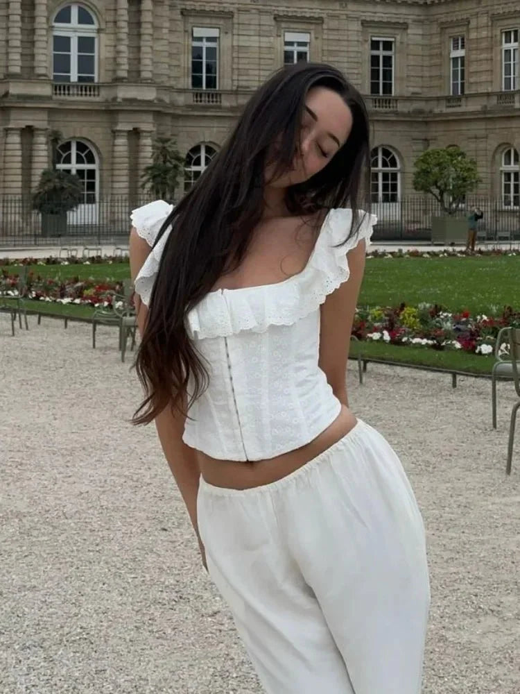 White Lace Ruffle Crop Top