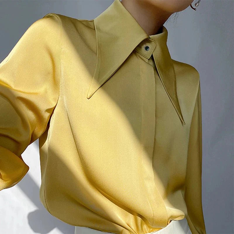 White Long Sleeve Satin Shirts Vintage Blouse
