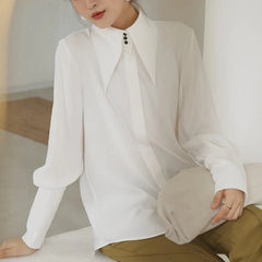 White Long Sleeve Satin Shirts Vintage Blouse