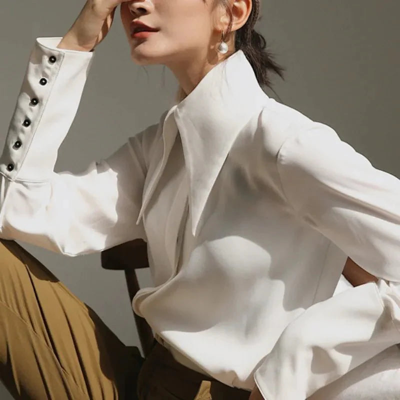 White Long Sleeve Satin Shirts Vintage Blouse