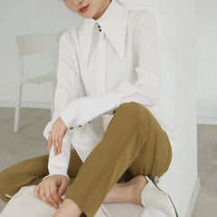 White Long Sleeve Satin Shirts Vintage Blouse