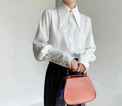White Long Sleeve Satin Shirts Vintage Blouse