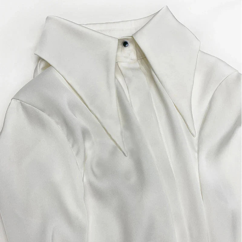 White Long Sleeve Satin Shirts Vintage Blouse