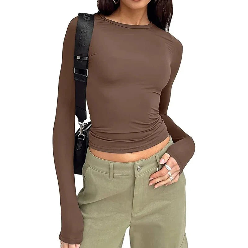 Women Long Sleeve Solid Slim Fit Casual Shirts Pullovers Basic T-Shirt
