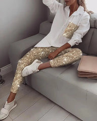 Women Sequin Long Sleeve Shirt & Glitter Shiny Pant Sets