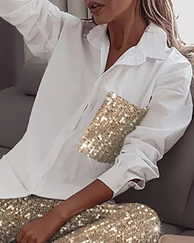 Women Sequin Long Sleeve Shirt & Glitter Shiny Pant Sets