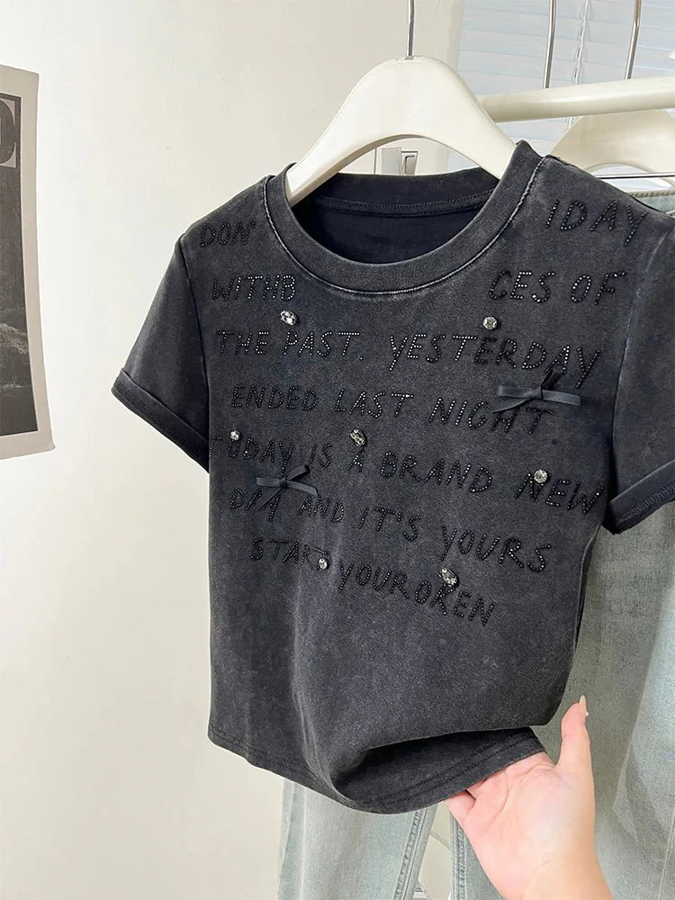 Women's Bow Detail Letter Print Crop Top