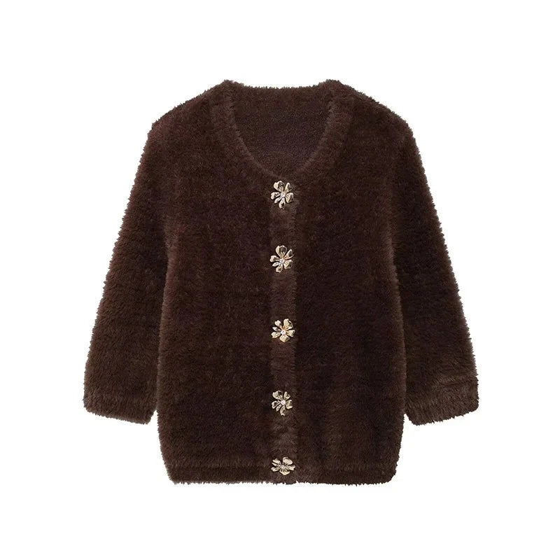 Fur Cardigan with 3D Flower Buttons