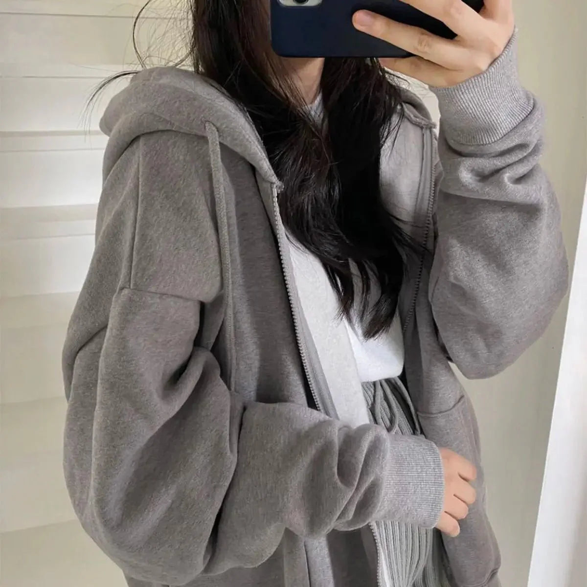 Zip-Up Pocket Oversized Sweatshirts Hooded